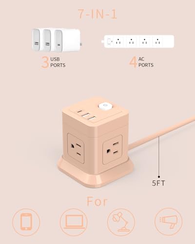 Cube Power Strip, FDTEK 4 Widely Spaced Outlet with 3 USB (1 USB C) Flat Plug Power Strips with Long Extension Cords Space Save Compact Portable for Travel Home Office Cruise (Pink) - color: Pink, size: 5FT