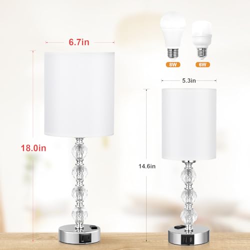 Acaxin Touch Bedside Crystal Lamps for Bedrooms Nightstand with USB C+A Charging Port and AC Outlet White, 3 Way Dimmable Silver Large End Side Table Lamp for Living/Guest/Dinning Room/Kitchen - color: A White, size: 18.0in