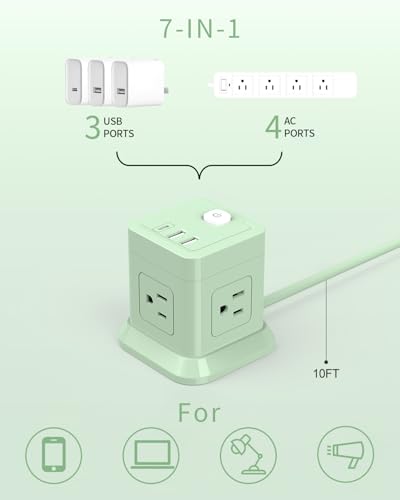 Cube Power Strip, FDTEK 4 Widely Spaced Outlet with 3 USB (1 USB C) Flat Plug Power Strips with Long Extension Cords Space Save Compact Portable for Travel Home Office Cruise - 10FT Green - color: Green, size: 10FT