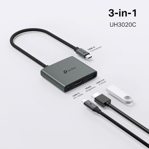 TP-Link USB C Hub 3-in-1 Multiport Adapter (UH3020C) | 4K HDMI | 100W Power Delivery | 1×USB-A 3.0 Port | 5Gbps High-Speed Transfer | USB C Dongle for MacBook, iPad, ThinkPad and More | Plug and Play - size: 3-in-1 USB C Hub