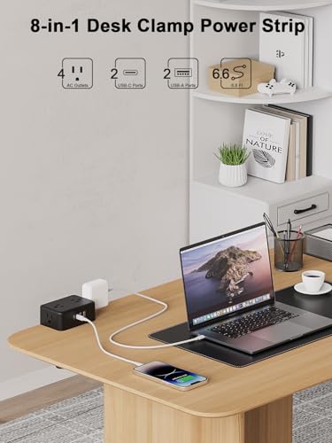 Desk Clamp Power Strip 4AC Outlet 2USB-C Ports,2 USB-A Ports,Desktop Tube Edge Mount Outlet Under Desk Table Leg Widely Spaced Surge Protector Outlet Station,6.6ft Heavy Duty Plug and Cord.