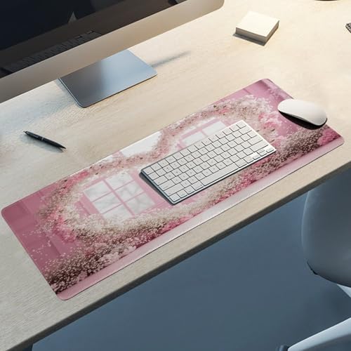 Valentine's Day Pink Cherry Blossom & Heart Large Extended Gaming Mouse Pad 31.5"x12" - XXL Computer Desk Mat for Keyboard and Mouse - Non-Slip Rubber Base & Durable Stitched Edges - color: Black-2, size: 31.5"Lx12"W