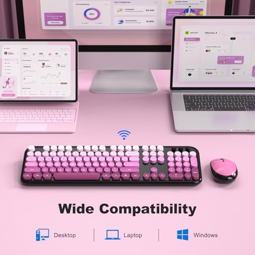 MOFII Wireless Keyboard and Mouse Combo, Full Size 2.4G Retro Round Computer Keyboard and Mouse Set, Plug and Play, for Windows, Computer, Desktop, PC, Notebook - (Black Pink Gradient) - color: Lovely Black Pink Gradient