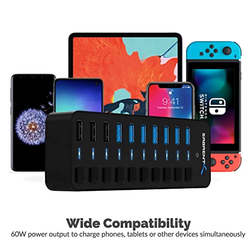 SABRENT 10-Port USB 3.0 Hub, Individual Power Switches and LEDs, 3 Smart Charging Ports, 60W Power Adapter, for PC, Mac, Xbox, PS5, Laptop, Desktop, USB Devices (HB-B7C3) - size: 10-Port - 7 USB 3.0 + 3 Charging