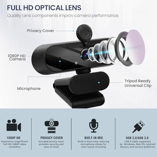 USB HD 1080P Video Webcam and Wide Angle Camera with Built-in Microphone and Rotatable Tripod,for Laptop Computer or Desktop PC,Great for Live Streaming.Calls.Video Conferencing - 1(Grey) - color: grey