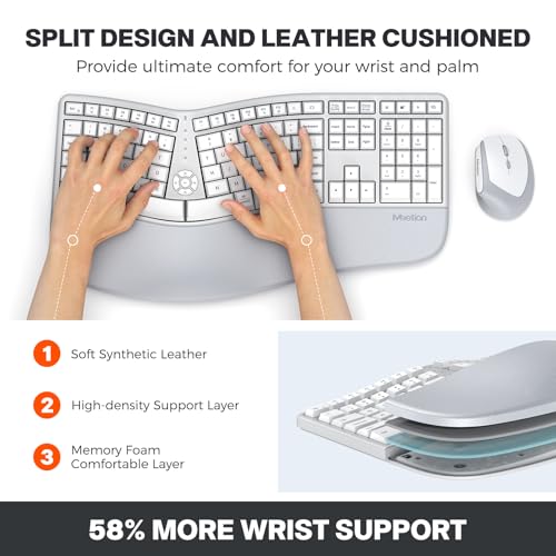 MEETION Ergonomic Keyboard and Mouse, Wireless Keyboard with Vertical Mouse, Split Curved Keyboard with Wrist Rest, Natural Typing Full Size for Windows/Mac/PC/Laptop, Gray - color: Gray