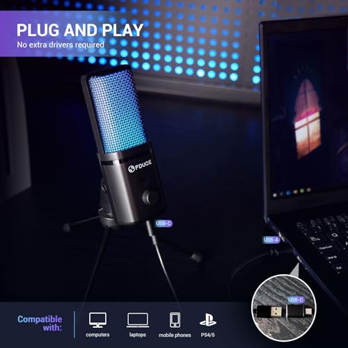 FDUCE Gaming USB Microphone for PC,RGB Condenser Computer Mic with Tripod Stand,Quick Mute,Gain Control,Cardioid Mic for Streaming, Podcast, Twitch, YouTube, PC, Computer, PS5, (M160) - style: Mic with tripod