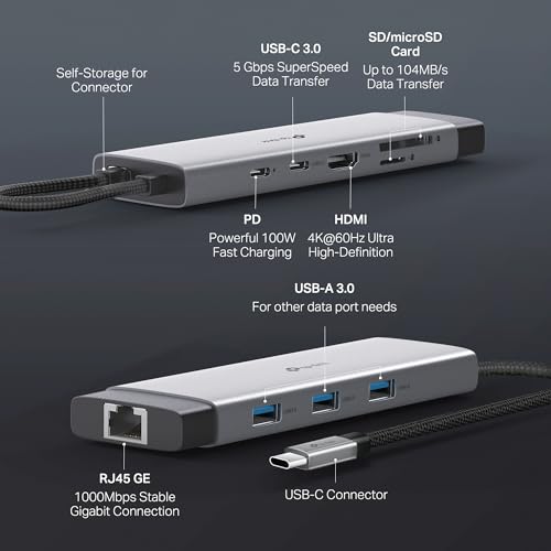 TP-Link USB C Hub 9-in-1 Multiport Adapter UH9120C | 4K@60Hz HDMI, 1×1G ethernet, SD & microSD, 100W Power Delivery, 1×USB-C + 3×USB-A Data Ports | 5Gbps High-Speed Splitter for MacBook & More - size: 9-in-1 USB C Hub