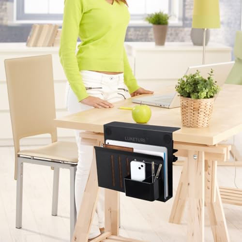 LUKETURE Desk Side Storage, Steel Side Desk Organizer, No Drill Laptop Holder, Clamp on Laptop Mount with Pen Holder, Table Hanging Storage for Home Office, Fits Flat Edge Tables 0.3" to 2.8" - color: Black, size: M(1 Tier)