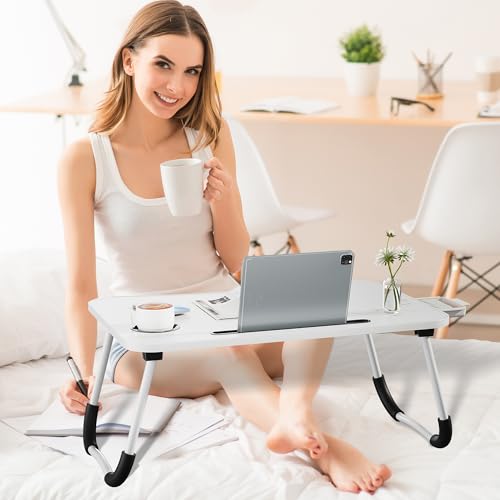 Lap Desk Bed Trays for Eating and Laptops Breakfast in Bed Tray for Sofa/Couch/Study/Reading/Writing with Cup Holder/Drawer On Low Sitting Floor Large Portable Foldable (White) - color: White