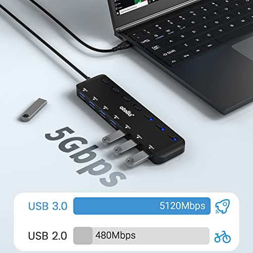USB 3.0 Hub, atolla 7-Port USB Hub Splitter with Individual On/Off Switches and Lights, 3.28Ft Extended Cable, Suitable for Laptop, PC, MacBook, Keyboard, Mouse, Flash Drives - size: 60 cm