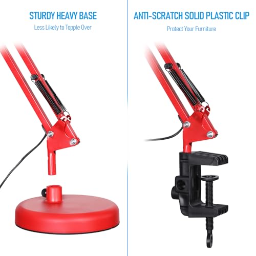TORCHSTAR Metal Desk Lamp with Clamp, Swing Arm, Architect Adjustable Gooseneck Table Lamp, Clip Desk Lights for Home Office, Work, Study, Reading, E26 Base, Multi-Joint, Red - color: Red