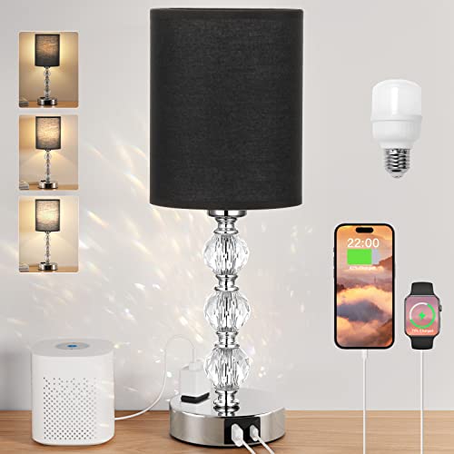 Black Touch Bedside Lamps for Bedrooms - Crystal Table Lamp with USB C+A Charging Port and AC Outlet Nightstand, 3 Way Dimmable Silver Small End Side Table Lamp for Living/Guest/Dinning Room/Kitchen - color: Black, size: 14.6in
