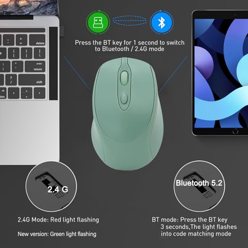 Wireless Bluetooth Mouse USBC for MacBook Air Laptop, USB C Rechargeable Wireless Mouse Compatible with Mac Desktop/Surface Pro Portable Computer Mice (BT5.2/3.0, 2.4G USB A, Type-C) - color: Green
