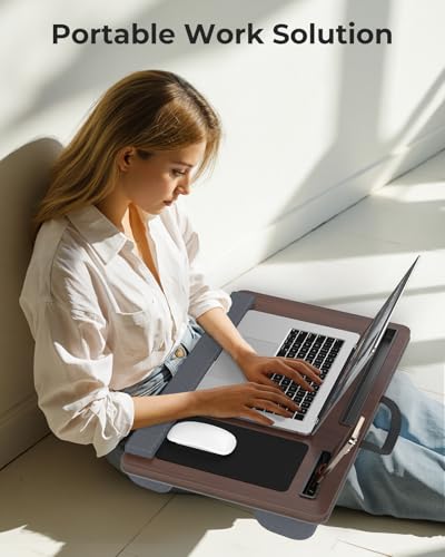 Potuopy Lap Desk - Up to 17” Laptop Tray with Wrist Rest, Portable Handle, Fixed Mouse Pad, Tablet & Phone Slots, Laptop Lap Desk with Cushion (Dark Brown) - color: Dark Brown