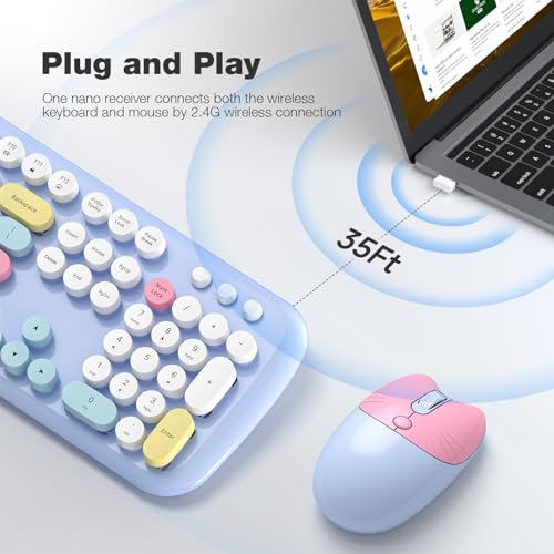 Wireless Keyboard and Mouse Combo, 2.4G Retro Typewriter Keyboard with Number Pad and Cute Ambidextrous Wireless Mouse for Computer Laptop - color: Light Blue Colorful