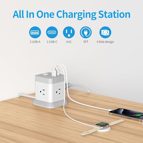Power Strip with USB, FDTEK Flat Plug Extension Cord with 4 Outlets and 3 USB(1 USB C), 5 FT Power Cord Desktop Charging Station, Overload Protection, Compact Portable for Travel Home Office - color: White, size: 5FT
