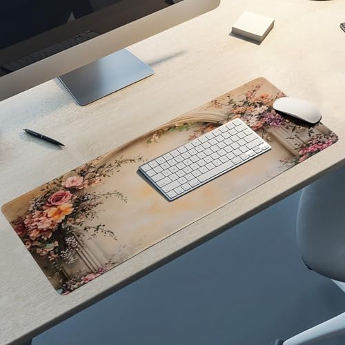 Vintage Floral Large Extended Gaming Mouse Pad 31.5"x12" - XXL Computer Desk Mat for Keyboard and Mouse - Non-Slip Rubber Base & Durable Stitched Edges - color: Black, size: 31.5"Lx12"W
