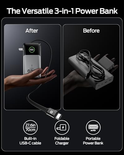 MOVE SPEED Portable Charger Laptop Power Bank 20000mAh 65W, Travel Essentials Battery Pack with Built-in Retractable USB-C Cable & Wall Plug, for MacBook/iPhone 17/16/15/iPad/Galaxy/Dell/HP and More