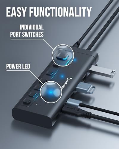 SABRENT 7-Port USB-C Hub with Power Switches, 5Gbps USB 3.2, 48W Powered Hub with 3 USB-A + 4 USB-C Ports, 20W PD, LED Status, Aluminum Body – for Mac, PC, Steam Deck, ROG Ally (HB-3A4C) - size: 7-Port - 3 USB-A + 4 USB-C