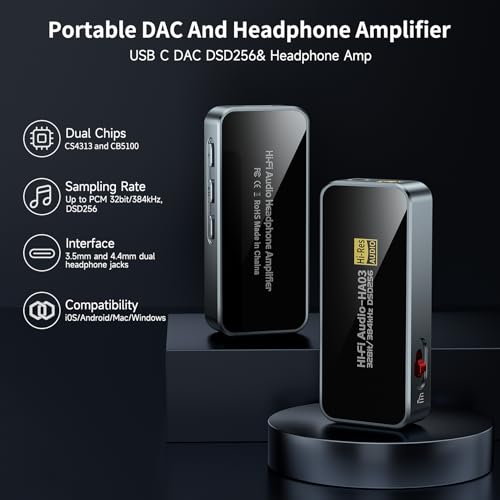 HA03 USB C to Aux Headphone Amp DAC Dongle Dual CS43131 and CB5100 Chips, DAC Hi-Res Amplifier with 4.4MM and 3.5MM Dual Headphones Outputs Portable Balanced DAC for Smart/Laptop/PC/Music Players