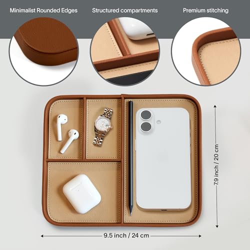 Nordik Leather Valet Tray - Sand Brown - 9.5 x 7.9 Inch Medium Vegan Leather Tray - Stylish Nightstand Organizer for Men - Modern Bedside Caddy - EDC Catchall for Key Watch Wallet Jewellery - color: Sand Brown, size: 9.5in x 7.9in