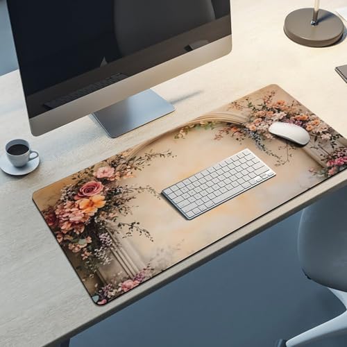 Vintage Floral Large Extended Gaming Mouse Pad 36"x16" - XXL Computer Desk Mat for Keyboard and Mouse - Non-Slip Rubber Base & Durable Stitched Edges - color: Black, size: 36"Lx16"W