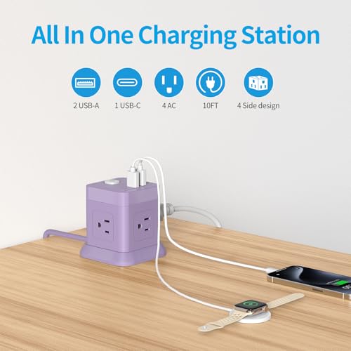 Cube Power Strip, FDTEK 4 Widely Spaced Outlet with 3 USB (1 USB C) Flat Plug Power Strips with Long Extension Cords Space Save Compact Portable for Travel Home Office Cruise (Purple) 10FT - color: Purple, size: 10FT