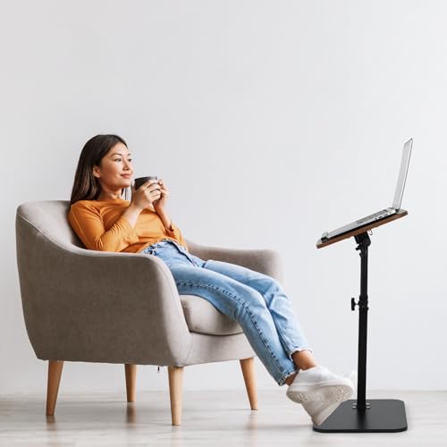 comfoyar C Shaped TV Tray for Couch, Adjustable Height Side Table with 360° Swivel 180° Flip for Small Space, End Table with Slat for Living Room Bedroom Laptop Snack. Walnut