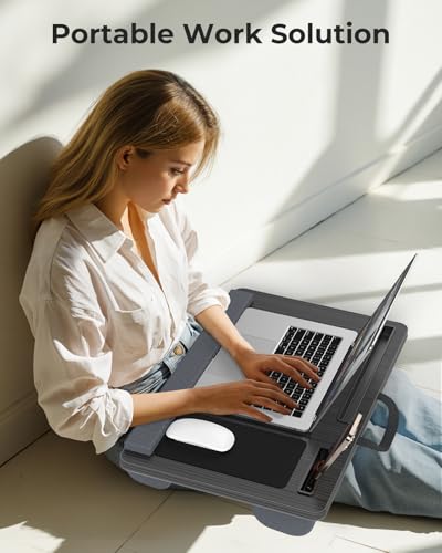 Potuopy Lap Desk - Up to 17” Laptop Tray with Wrist Rest, Portable Handle, Fixed Mouse Pad, Tablet & Phone Slots, Laptop Stand for Bed with Cushion (Black) - color: Black