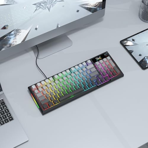 Redragon Wireless Mechanical Keyboard, Gasket RGB Gaming Keyboard with Screen & Knob, Tri-Mode BT5.0/2.4G/USB-C, 95 Keys Hot Swappable, Side Printed PBT Keycaps, Thick Pre-Lubed Linear Switch, K725SP - color: Grey