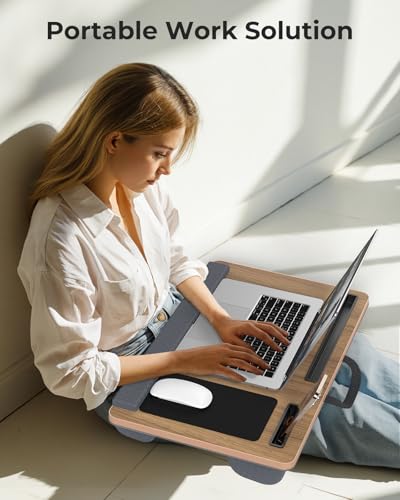 Potuopy Lap Desk - Up to 17” Laptop Tray with Wrist Rest, Portable Handle, Fixed Mouse Pad, Tablet & Phone Slots, Laptop Stand for Bed with Cushion (Dark Brown Woodgrain) - color: Dark Brown Woodgrain