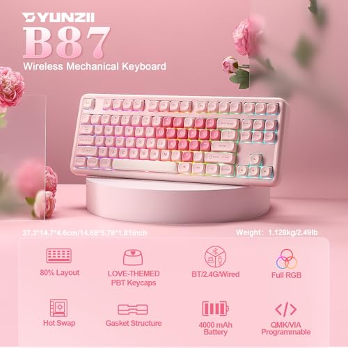 YUNZII B87 Wireless Mechanical Keyboard,QMK/VIA Programmable,TKL Layout 87 Keys,BT/2.4G/USB-C,Hot Swap Gasket Mount RGB Backlit Gaming with Wrist Rest for Win/Mac (Pink, Cocoa Cream V2) - color: Pink, size: Cocoa Cream V2