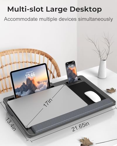 Potuopy Lap Desk - Up to 17” Laptop Tray with Wrist Rest, Portable Handle, Fixed Mouse Pad, Tablet & Phone Slots, Laptop Stand for Bed with Cushion (Black) - color: Black