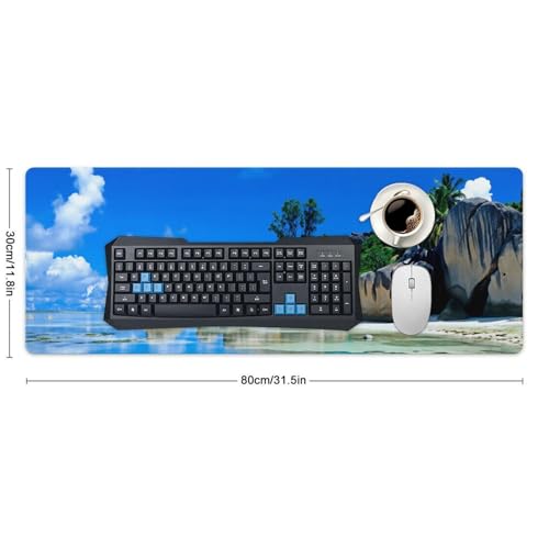 Beaches Scene France Seychelles Large Extended Gaming Mouse Pad (12x31.5in) - Durable Stitched Edges XXL Desk Mat for Keyboard and Mouse - Water Resistant & Non-Slip Rubber Base - color: black-3, size: 12x31.5in
