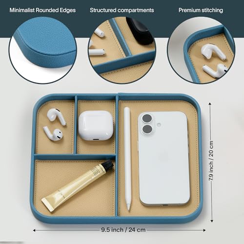 Nordik Leather Valet Tray - Nordik Blue - 9.5 x 7.9 Inch Medium Vegan Leather Tray - Stylish Nightstand Organizer for Men - Modern Bedside Caddy - EDC Catchall for Key Watch Wallet Jewellery - color: Nordik Blue, size: 9.5in x 7.9in