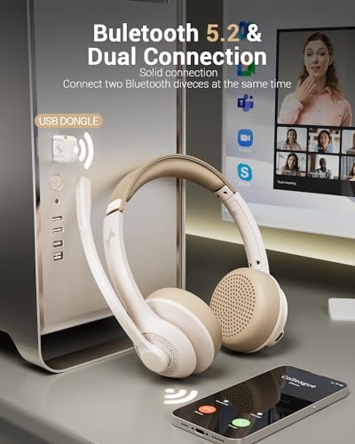 JIAMQISHI Wireless Headset with AI Noise Cancelling Microphone Bluetooth Headset - Bluetooth V5.2 Headphones with USB Dongle & Mic Mute for Computer/Laptop/PC/iPhone/Android/Cell Phones (White) - color: White