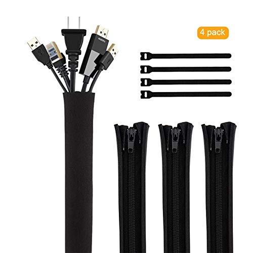 CableCreation Cable Management Sleeve, 19-20 Inch Cord Management Sleeves with Zipper and Bundling Ties for TV/Computer/Home Entertainment Cable Wrap Cover Organizer,4 Pack, Black