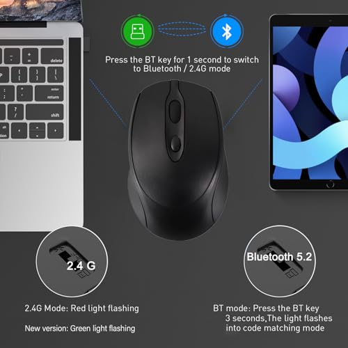 Wireless Bluetooth Mouse USBC for MacBook Air Laptop, USB C Rechargeable Wireless Mouse Compatible with Mac Desktop/Surface Pro Portable Computer Mice (BT5.2/3.0, 2.4G USB A, Type-C) - color: Black