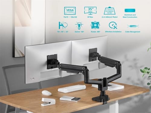 Monoprice Heavy Duty Dual Monitor Gas Spring Desk Mount - Up to 35in/44 lbs Ultrawide Screens, Detachable VESA 100x100/75x75 Plate, Topside Installation