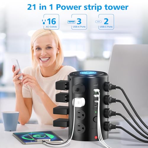 Tower Power Strip Surge Protector with 16 Outlets and 5 USB Ports (2 USB-C), 6FT Extension Cord with Multiple Outlets,Heavy Duty Charging Station,Home Office Dorm Room Essentials. No Wireless Charging - color: Black, size: 6FT without wireless charging