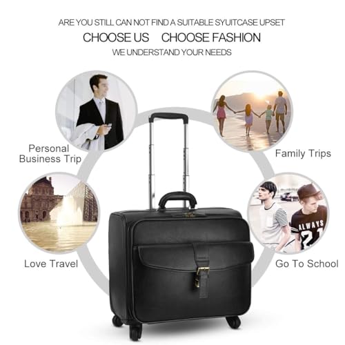 Leathario Leather Rolling Laptop Case Wheeled Briefcase Suitcase Roller Boarding - color: Black