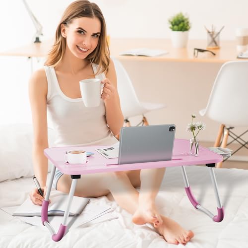 Lap Desk Bed Trays for Eating and Laptops Breakfast in Bed Tray for Sofa/Couch/Study/Reading/Writing with Cup Holder/Drawer On Low Sitting Floor Large Portable Foldable (Pink) - color: Pink