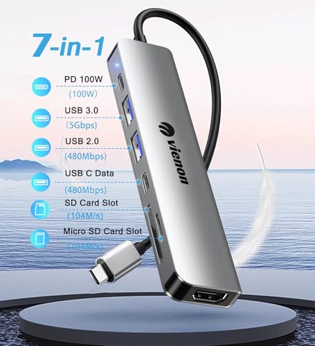 USB C Hub HDMI Adapter for Monitor, VIENON 7 in 1 USB C Docking Station with 4K HDMI, SD/TF Card Reader Compatible for MacBook Pro, XPS More Type C Devices
