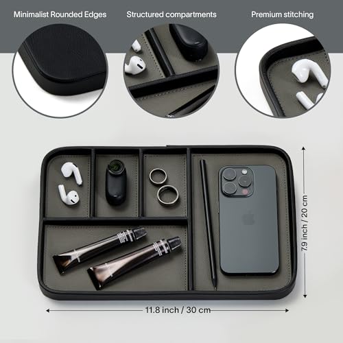 Nordik Leather Valet Tray - Pebble Black - 11.8x7.9 Inch Large Vegan Leather Tray - Stylish Nightstand Organizer for Men - Modern Bedside Caddy - EDC Catchall for Key Watch Wallet Jewellery - color: Pebble Black, size: 11.8in x 7.9in