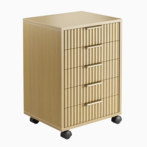 5 Drawer Chest, Under Desk Storage Wood Drawers with Wheels,Fluted File Cabinet for Home Office, Light Walnut - color: Light Walnut