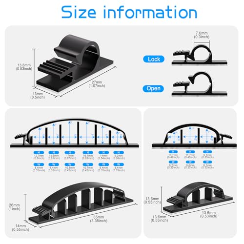 XHF 30pcs Adhesive Cable Wire Clips Kit Black, Outdoor Cable Management Wire Organizer Cord Holder for Under Desk, Car, Wall, TV PC Ethernet Cable - color: Black, size: Kit-30PCS