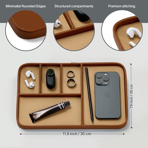 Nordik Leather Valet Tray - Sand Brown - 11.8x7.9 Inch Large Vegan Leather Tray - Stylish Nightstand Organizer for Men - Modern Bedside Caddy - EDC Catchall for Key Watch Wallet Jewellery - color: Sand Brown, size: 11.8in x 7.9in