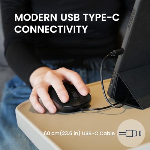 Perixx PERIMICE-222CB2 Wired USB-C Mouse - Reliable 60cm USB-C Cable for Laptop or Tablet - Quiet Click - Black