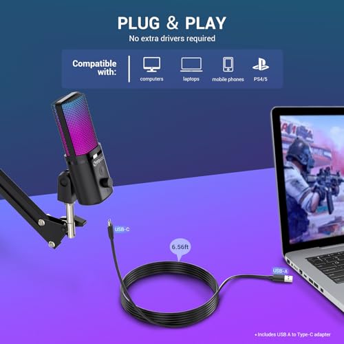 FDUCE Gaming USB Microphone, RGB Condenser mic with Mute, Gain, Monitoring, Boom Arm for Streaming, Podcast, Twitch, YouTube, PC, Computer, PS5, (M160+) - style: Mic with Boom Arm